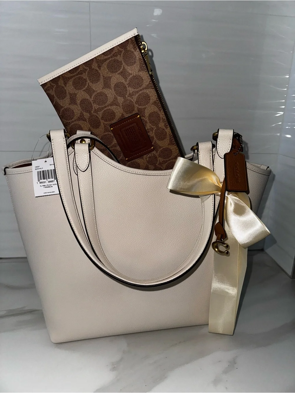 Coach Chalk Pebbled Leather Tote with Signature Brown Pouch